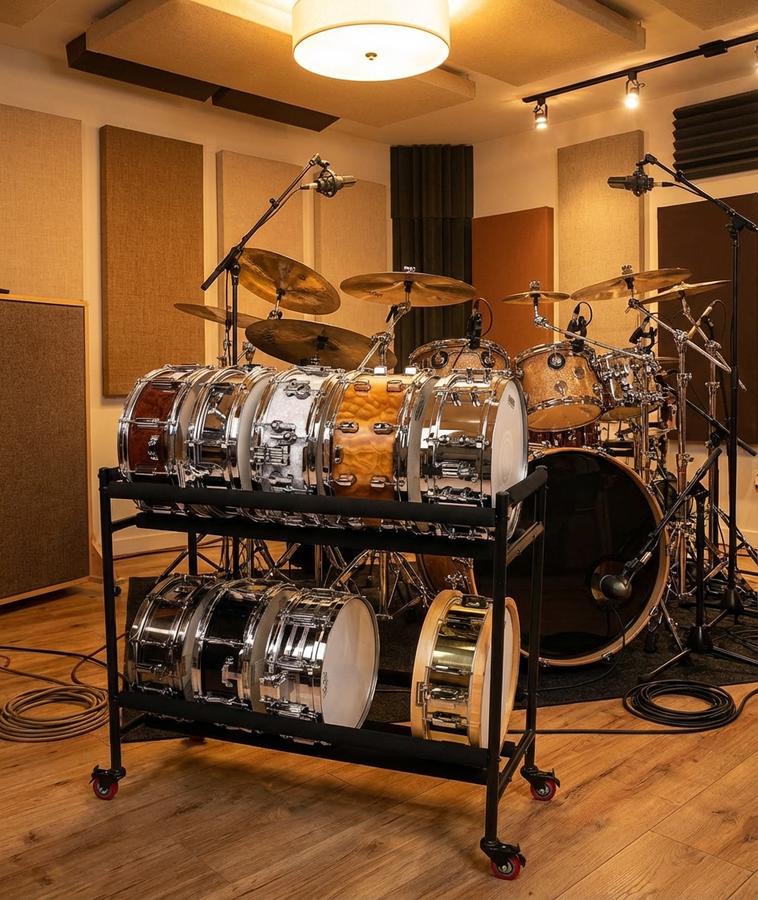 Snare drum rack in percussion studio